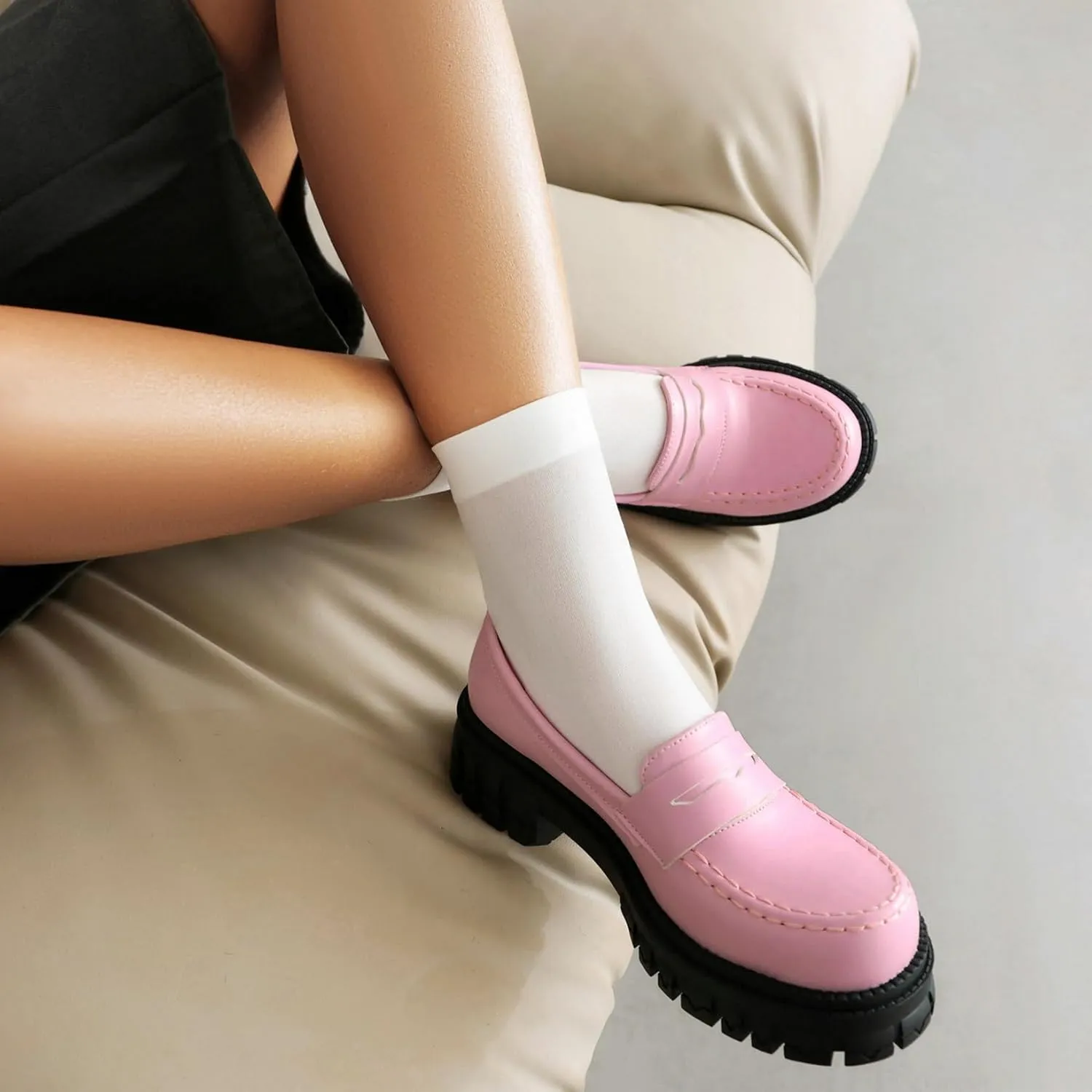 Parisuit Platform Loafers for Women Chunky Heel Lug Sole Loafer Shoes Patent Leather Slip on Round Toe Pumps Business Casual Uniform Shoes