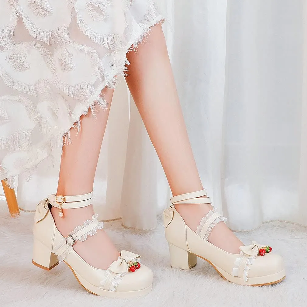 Parisuit Women's Cute Mary Janes Chunky Platform Shoes Ankle Strap Bow Pumps