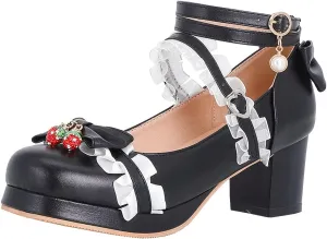 Parisuit Women's Cute Mary Janes Chunky Platform Shoes Ankle Strap Bow Pumps