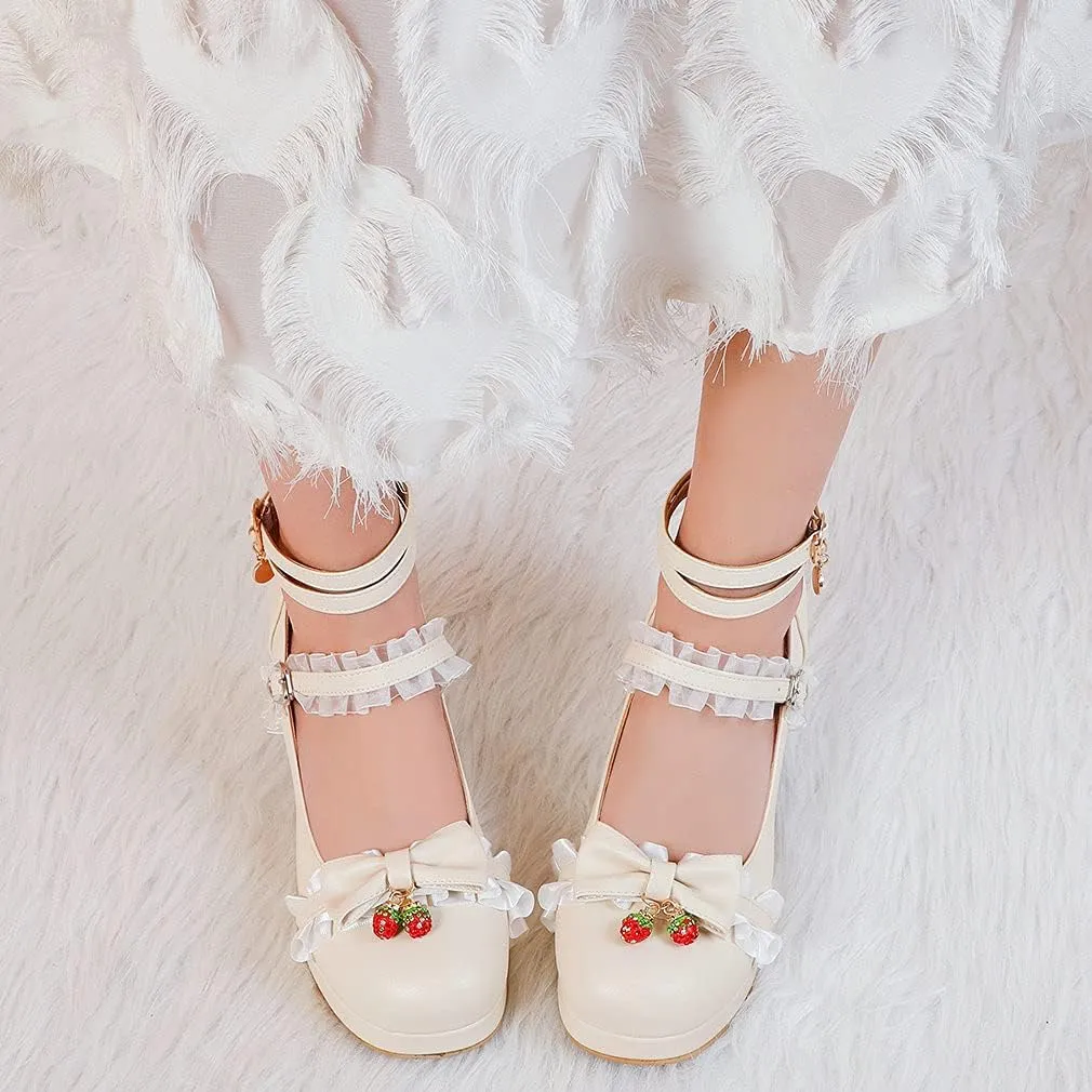 Parisuit Women's Cute Mary Janes Chunky Platform Shoes Ankle Strap Bow Pumps