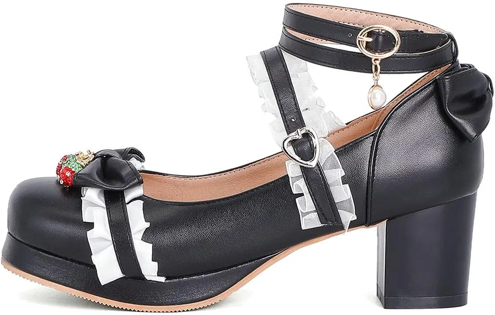 Parisuit Women's Cute Mary Janes Chunky Platform Shoes Ankle Strap Bow Pumps