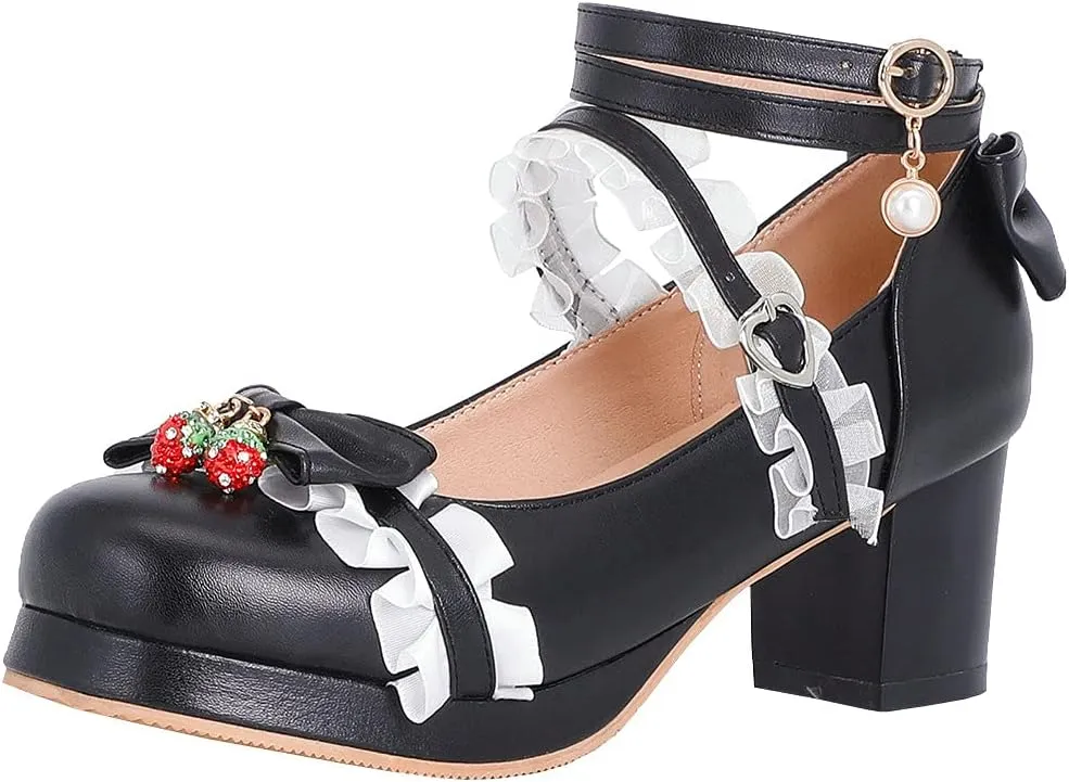 Parisuit Women's Cute Mary Janes Chunky Platform Shoes Ankle Strap Bow Pumps