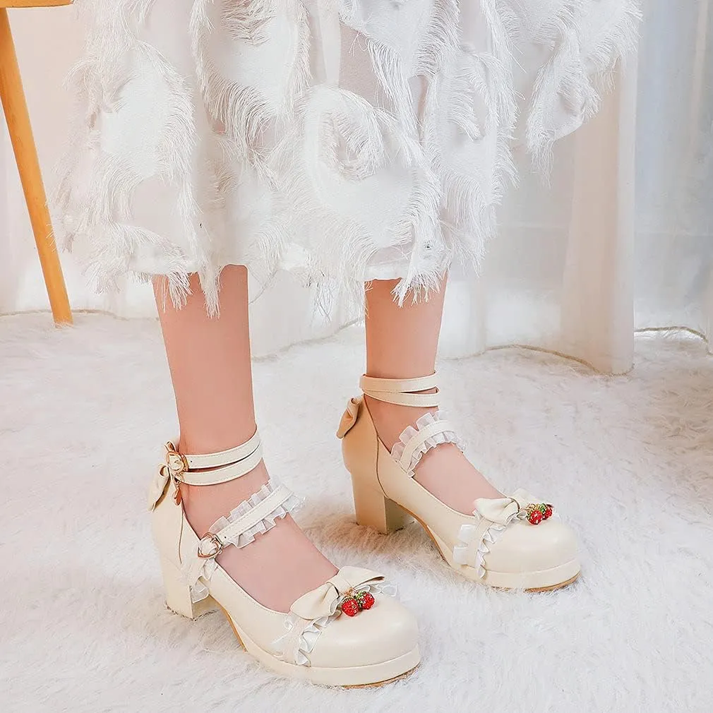 Parisuit Women's Cute Mary Janes Chunky Platform Shoes Ankle Strap Bow Pumps