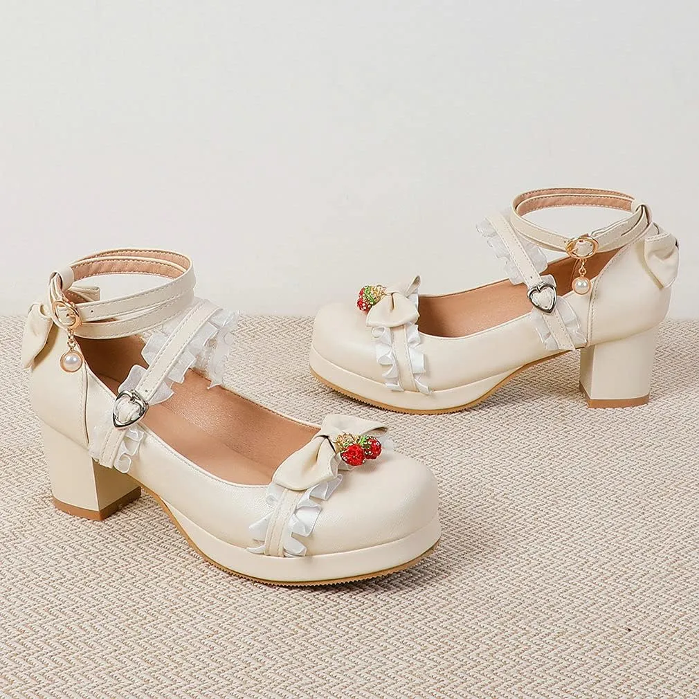 Parisuit Women's Cute Mary Janes Chunky Platform Shoes Ankle Strap Bow Pumps