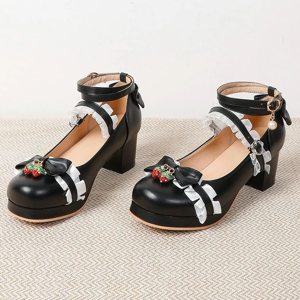 Parisuit Women's Cute Mary Janes Chunky Platform Shoes Ankle Strap Bow Pumps