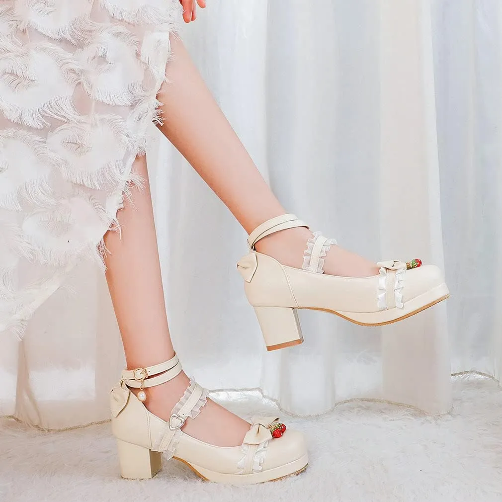 Parisuit Women's Cute Mary Janes Chunky Platform Shoes Ankle Strap Bow Pumps
