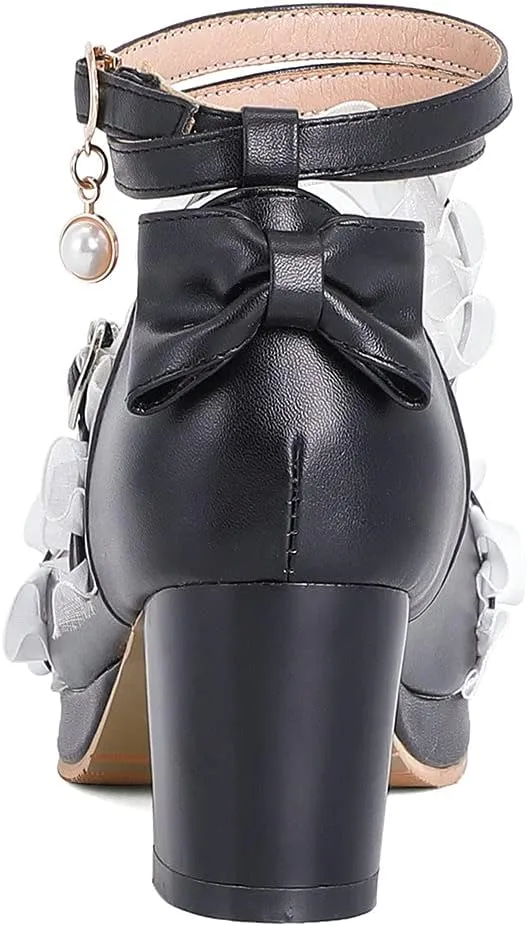Parisuit Women's Cute Mary Janes Chunky Platform Shoes Ankle Strap Bow Pumps