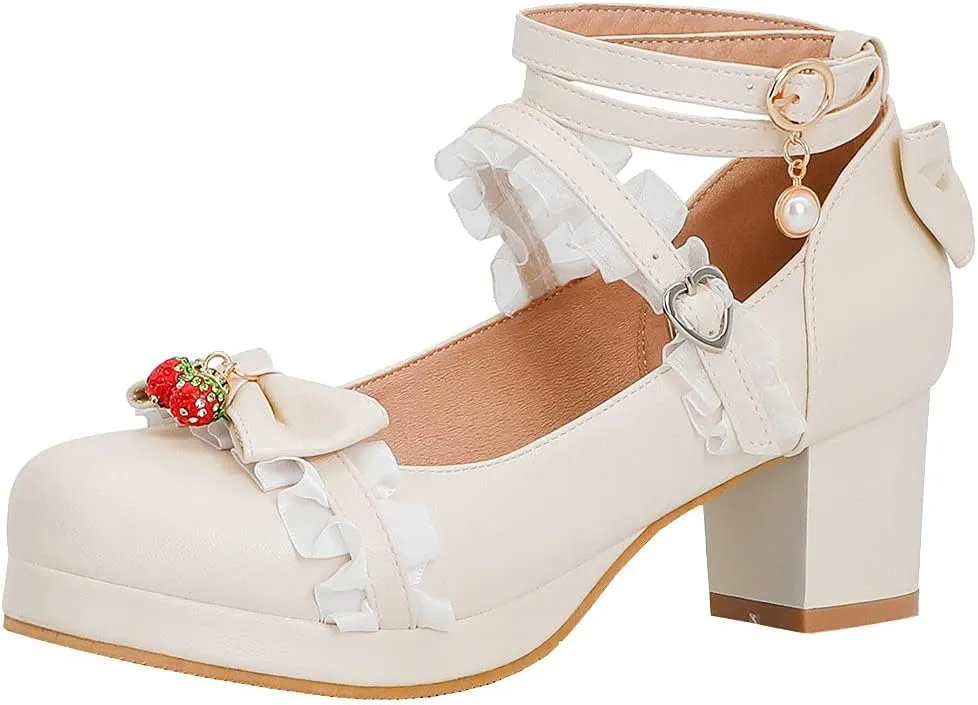 Parisuit Women's Cute Mary Janes Chunky Platform Shoes Ankle Strap Bow Pumps
