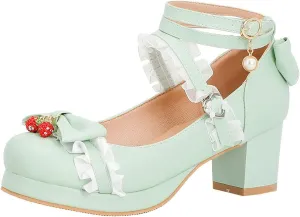 Parisuit Women's Cute Mary Janes Chunky Platform Shoes Ankle Strap Bow Pumps
