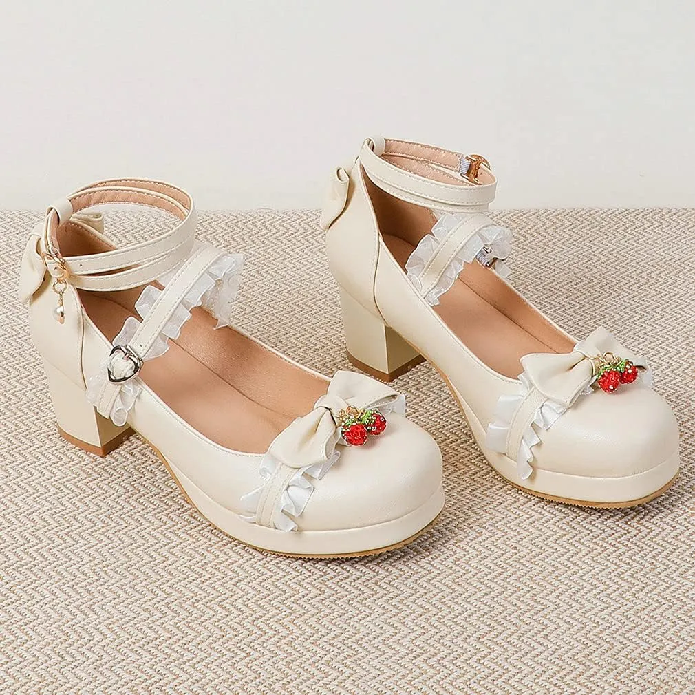 Parisuit Women's Cute Mary Janes Chunky Platform Shoes Ankle Strap Bow Pumps