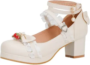 Parisuit Women's Cute Mary Janes Chunky Platform Shoes Ankle Strap Bow Pumps