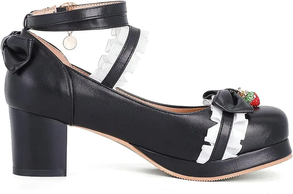 Parisuit Women's Cute Mary Janes Chunky Platform Shoes Ankle Strap Bow Pumps