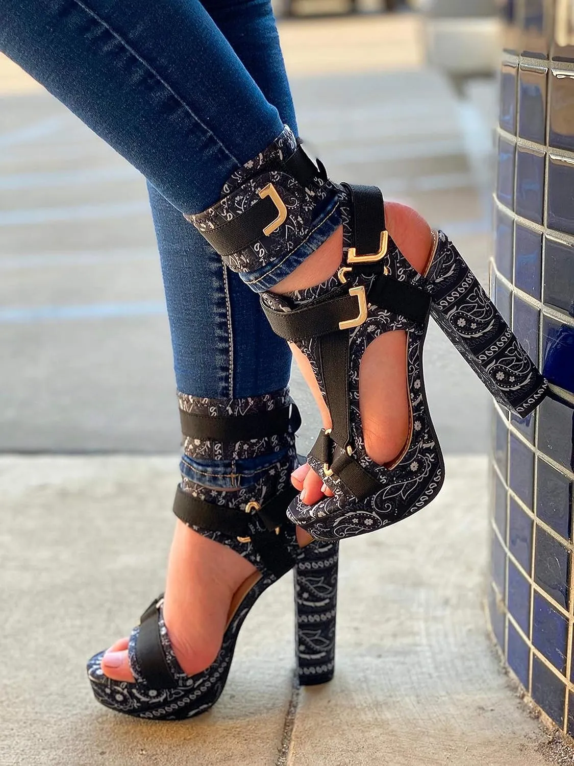 PAZZLE KEANDRA-07B Women's Chunky Platform Heels Open Toe Strappy Buckle High Heel Sandals