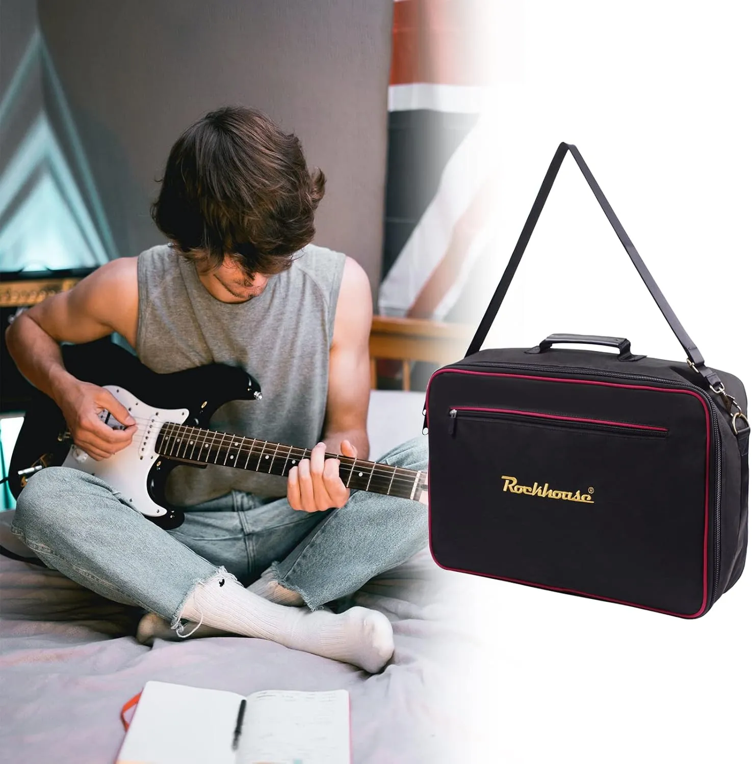 Pedal Board Carrying Bag Effect Pedal Bag Guitar Pedal Board Carry Bag Oxford Cloth Portable Zipper Handbag Shoulder Bag with Detachable Strap (Black)