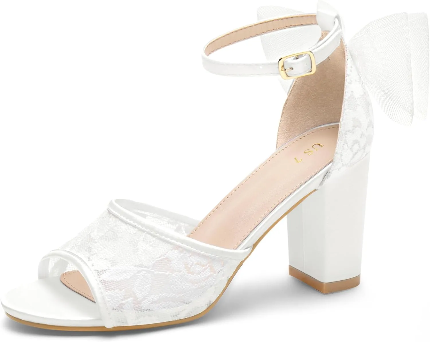 Perphy Lace Open Toe Bow Ankle Strap Block Heel Sandals for Women
