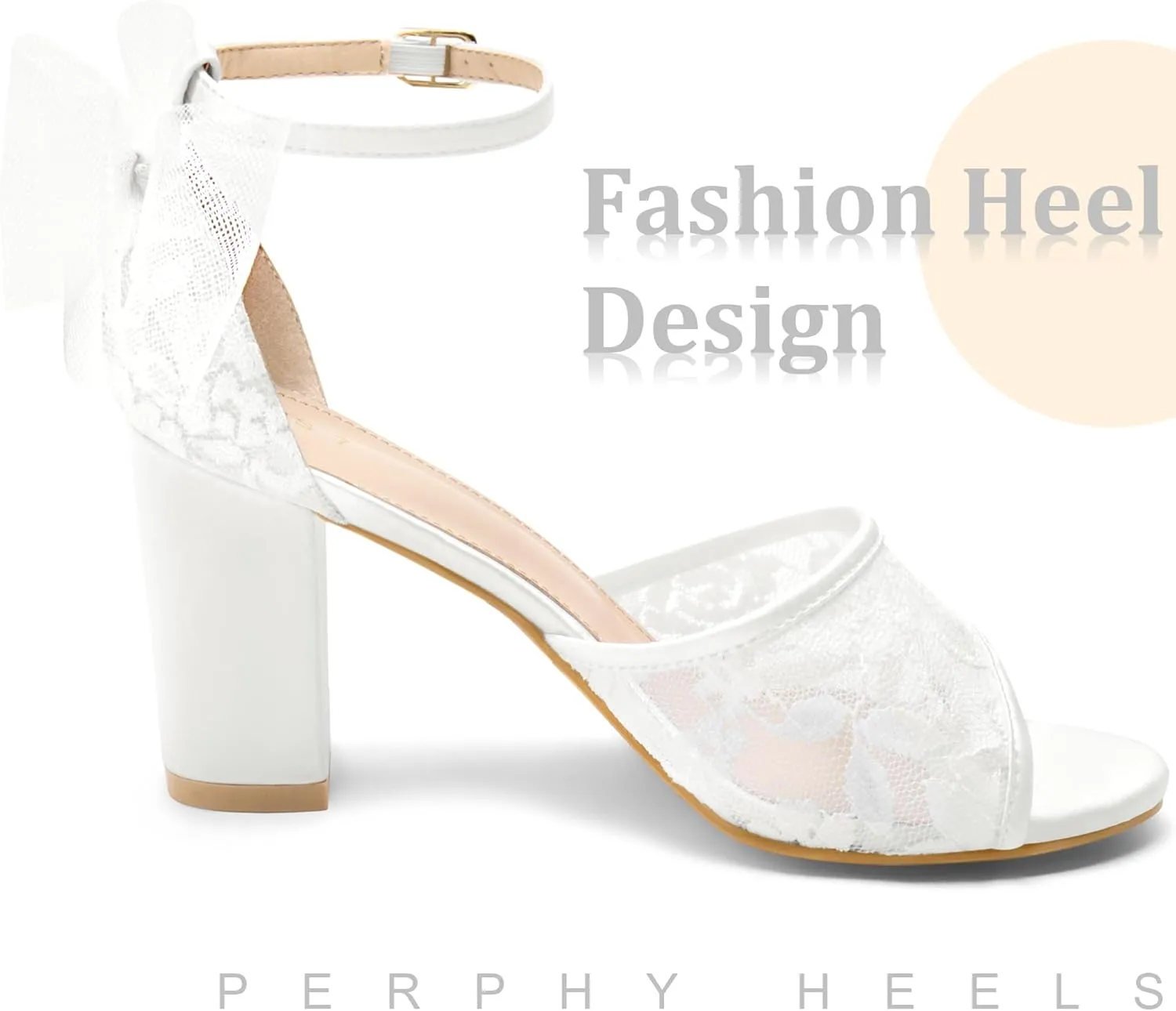 Perphy Lace Open Toe Bow Ankle Strap Block Heel Sandals for Women