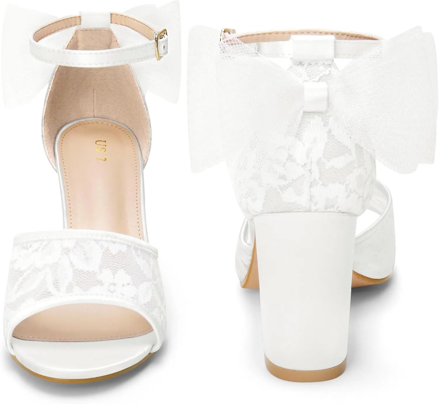 Perphy Lace Open Toe Bow Ankle Strap Block Heel Sandals for Women