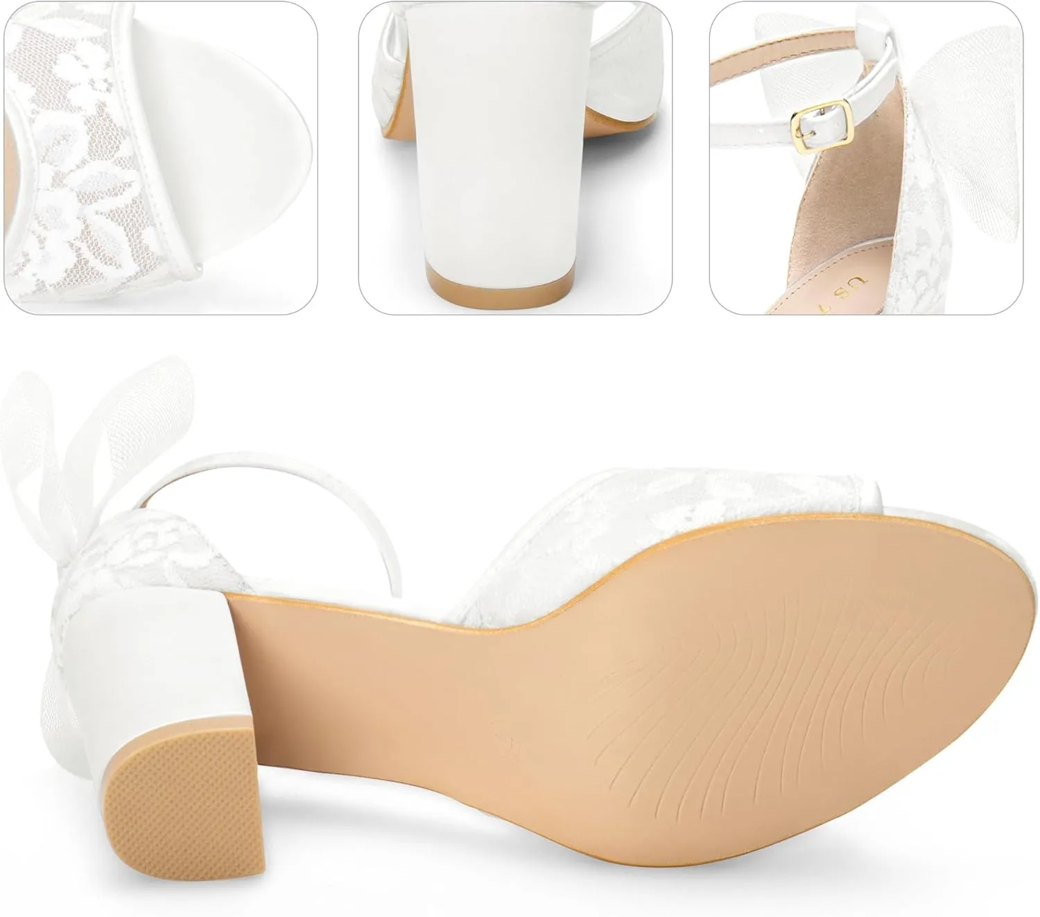 Perphy Lace Open Toe Bow Ankle Strap Block Heel Sandals for Women