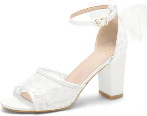 Perphy Lace Open Toe Bow Ankle Strap Block Heel Sandals for Women