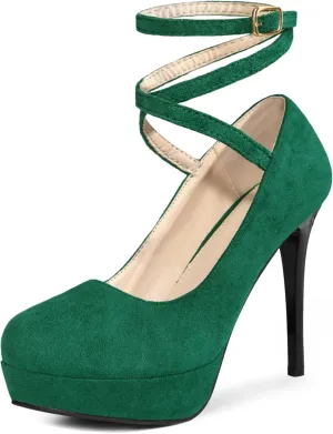 Perphy Platform Stiletto High Heels Ankle Strap Black Pumps for Women