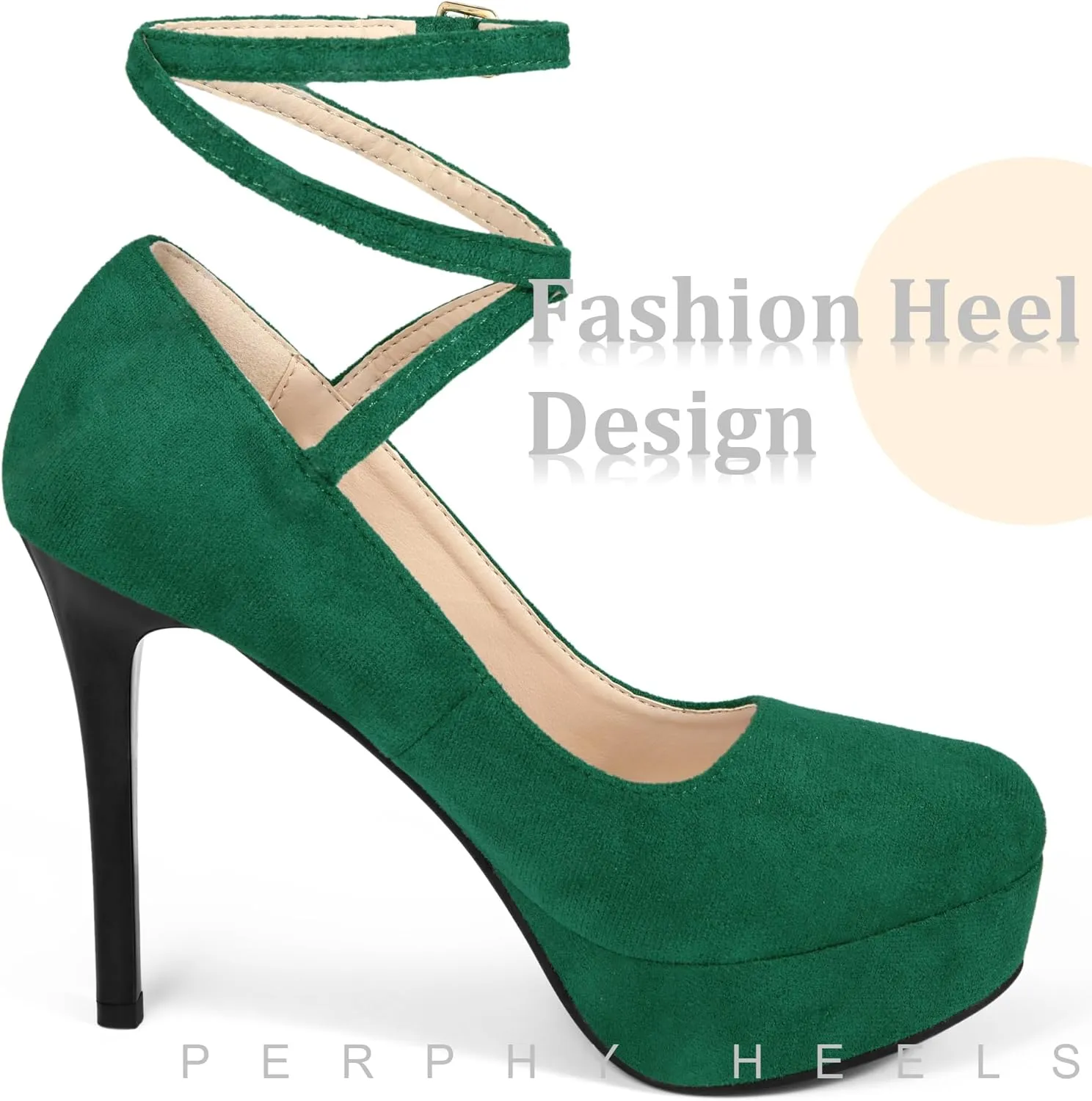 Perphy Platform Stiletto High Heels Ankle Strap Black Pumps for Women