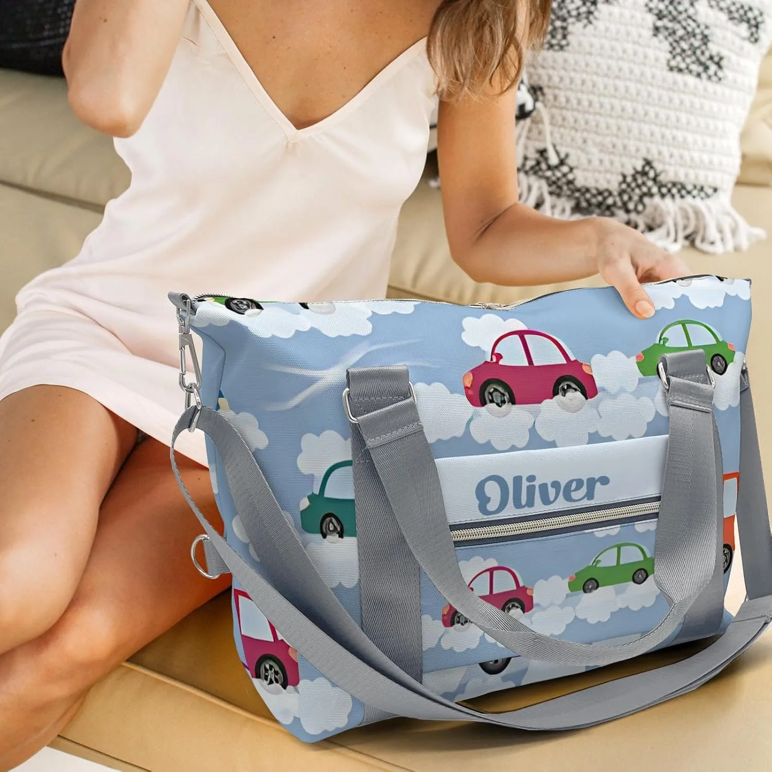 Personalized Gym Bag for Girls Teens,Car Cloud Custom Dance Bag Overnight Small Duffel Bag Carry On Weekend Sports Travel Bag for Practice Gymnastics Ballet