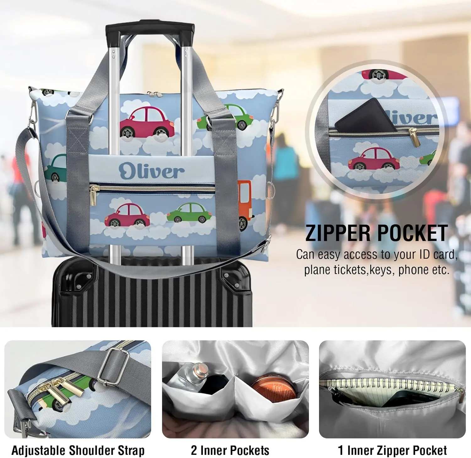 Personalized Gym Bag for Girls Teens,Car Cloud Custom Dance Bag Overnight Small Duffel Bag Carry On Weekend Sports Travel Bag for Practice Gymnastics Ballet