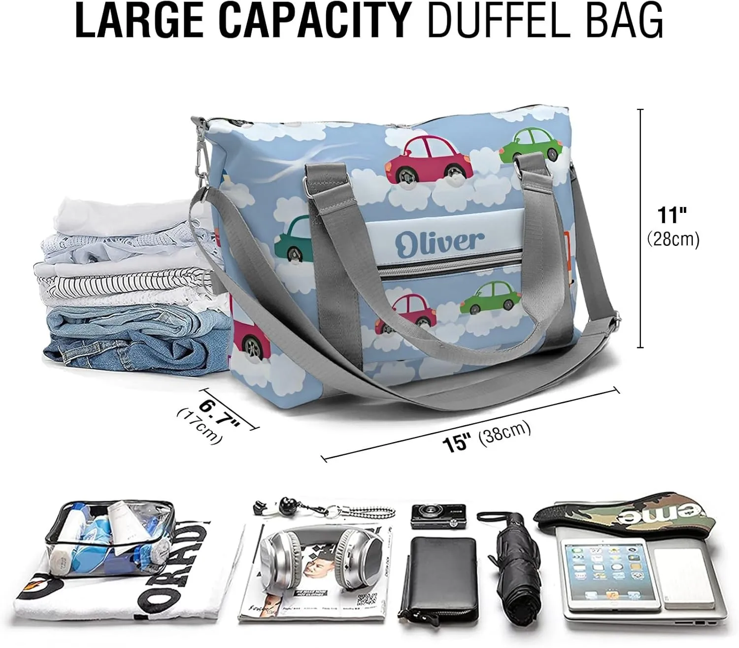 Personalized Gym Bag for Girls Teens,Car Cloud Custom Dance Bag Overnight Small Duffel Bag Carry On Weekend Sports Travel Bag for Practice Gymnastics Ballet