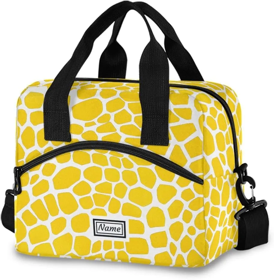 Personalized Insulated Lunch Bag Cooler Tote Bag Box Large for Women Men Yellow Lizard Skin Name Customized School Work Portable Adjustable Shoulder Strap Pocket