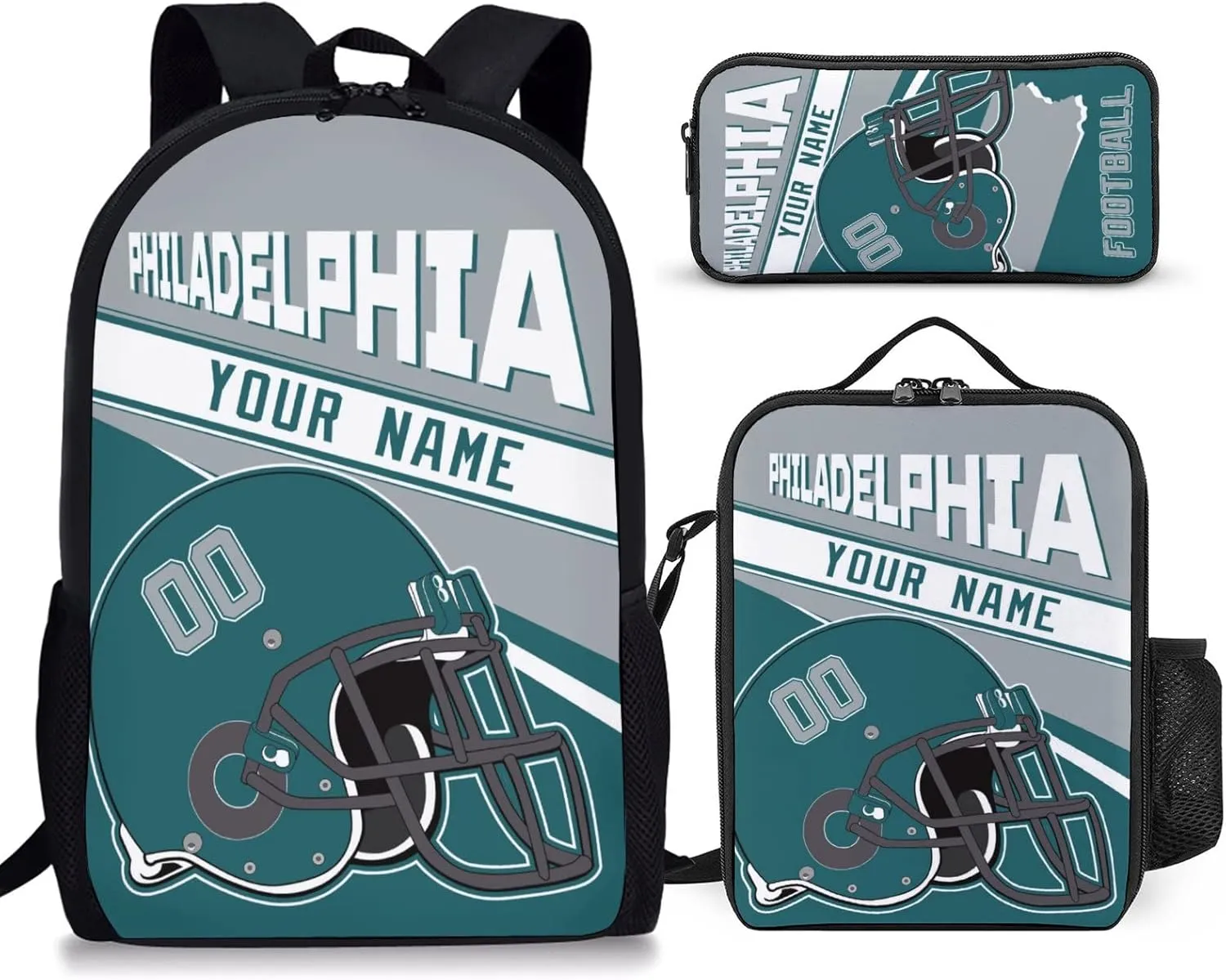 Philadelphia Custom Football Backpack 3 Piece Set Add Your Name and Nume School Bag with Lunch Box and Pen Case Set Gift for Boys Girls