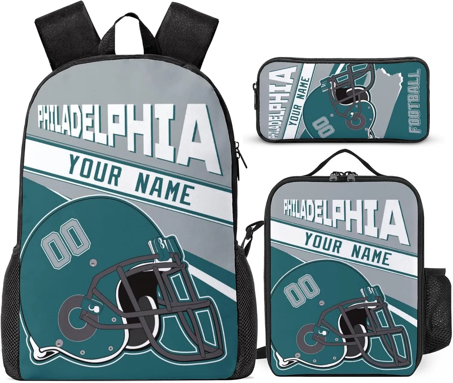 Philadelphia Custom Football Backpack 3 Piece Set Add Your Name and Nume School Bag with Lunch Box and Pen Case Set Gift for Boys Girls