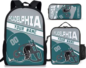 Philadelphia Custom Football Backpack 3 Piece Set Add Your Name and Nume School Bag with Lunch Box and Pen Case Set Gift for Boys Girls