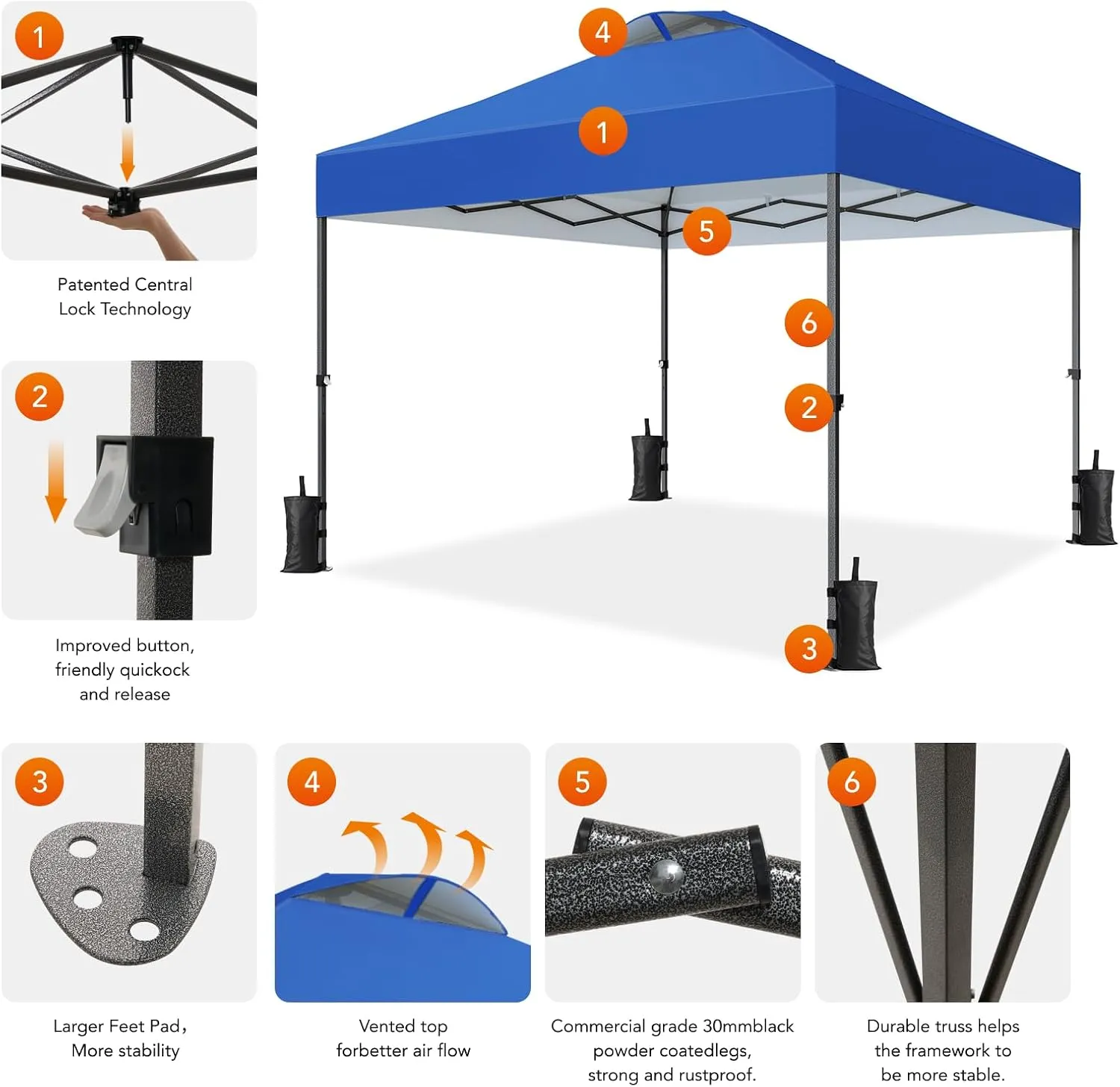 Pipishell 10x10 Pop Up Canopy Tent, Portable Outdoor Canopy, One-Person Setup, UV-Resistant & Waterproof Easy Up Canopy with Guylines, Stakes & Sandbags, Beach Canopy with 3 Height Levels, Blue