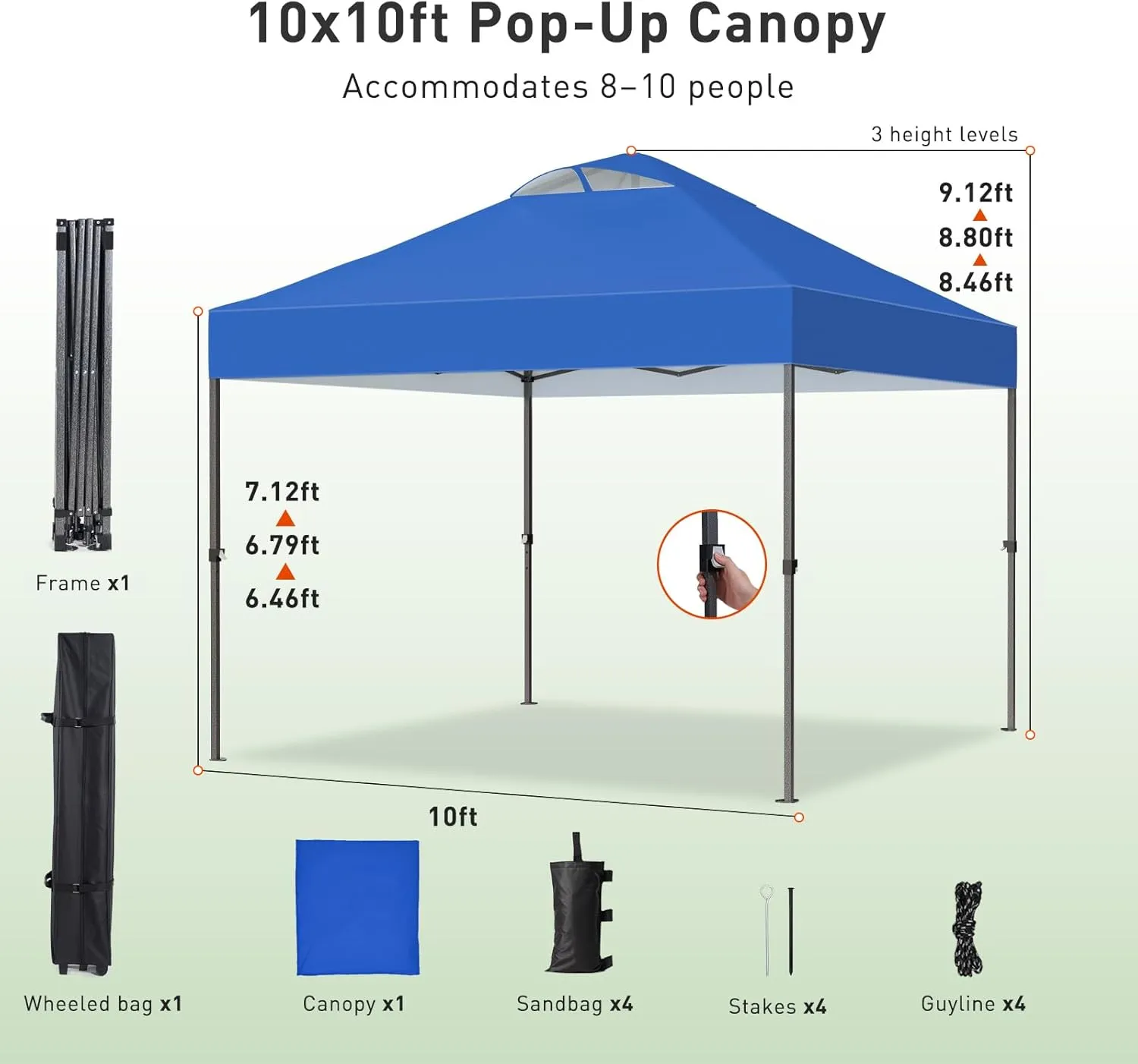 Pipishell 10x10 Pop Up Canopy Tent, Portable Outdoor Canopy, One-Person Setup, UV-Resistant & Waterproof Easy Up Canopy with Guylines, Stakes & Sandbags, Beach Canopy with 3 Height Levels, Blue
