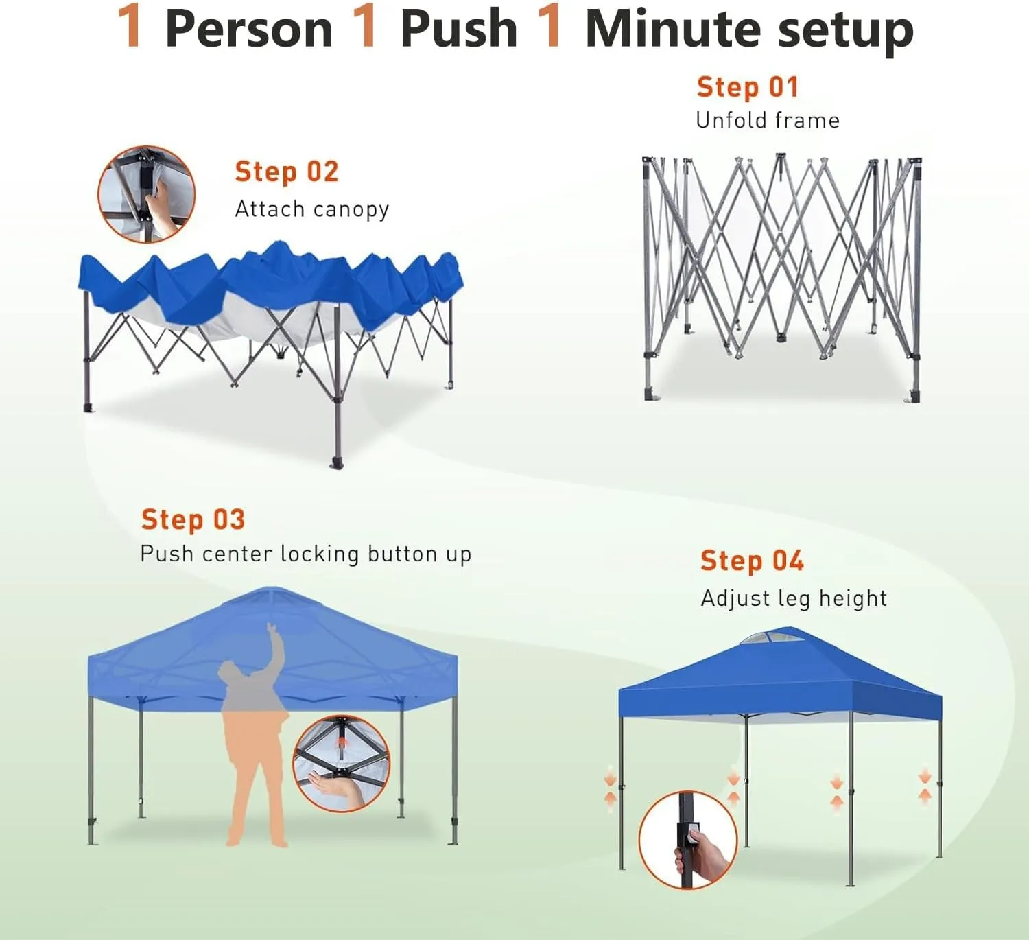Pipishell 10x10 Pop Up Canopy Tent, Portable Outdoor Canopy, One-Person Setup, UV-Resistant & Waterproof Easy Up Canopy with Guylines, Stakes & Sandbags, Beach Canopy with 3 Height Levels, Blue