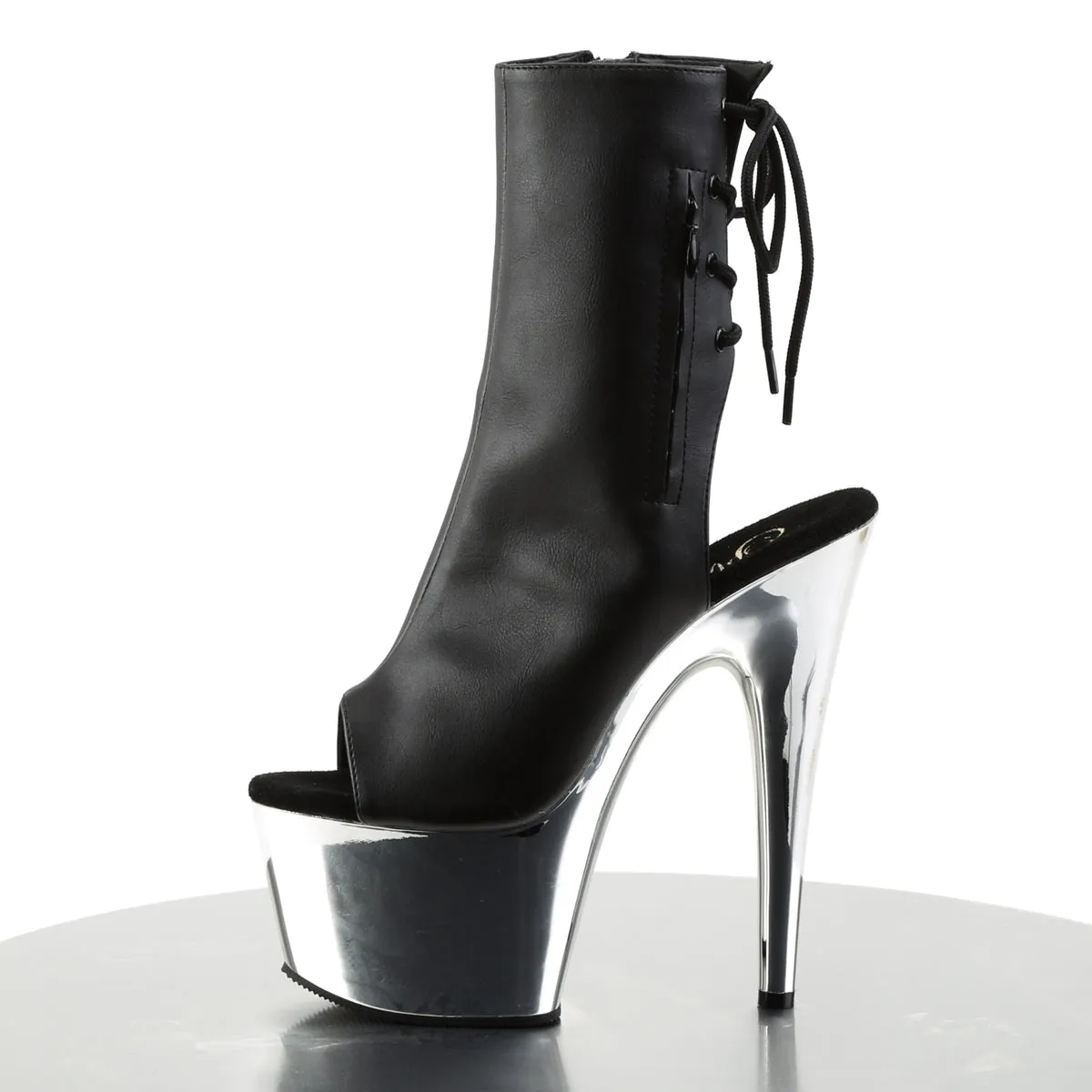 PLEASER ADORE-1018 - Black Faux Leather/Silver Chrome Boots