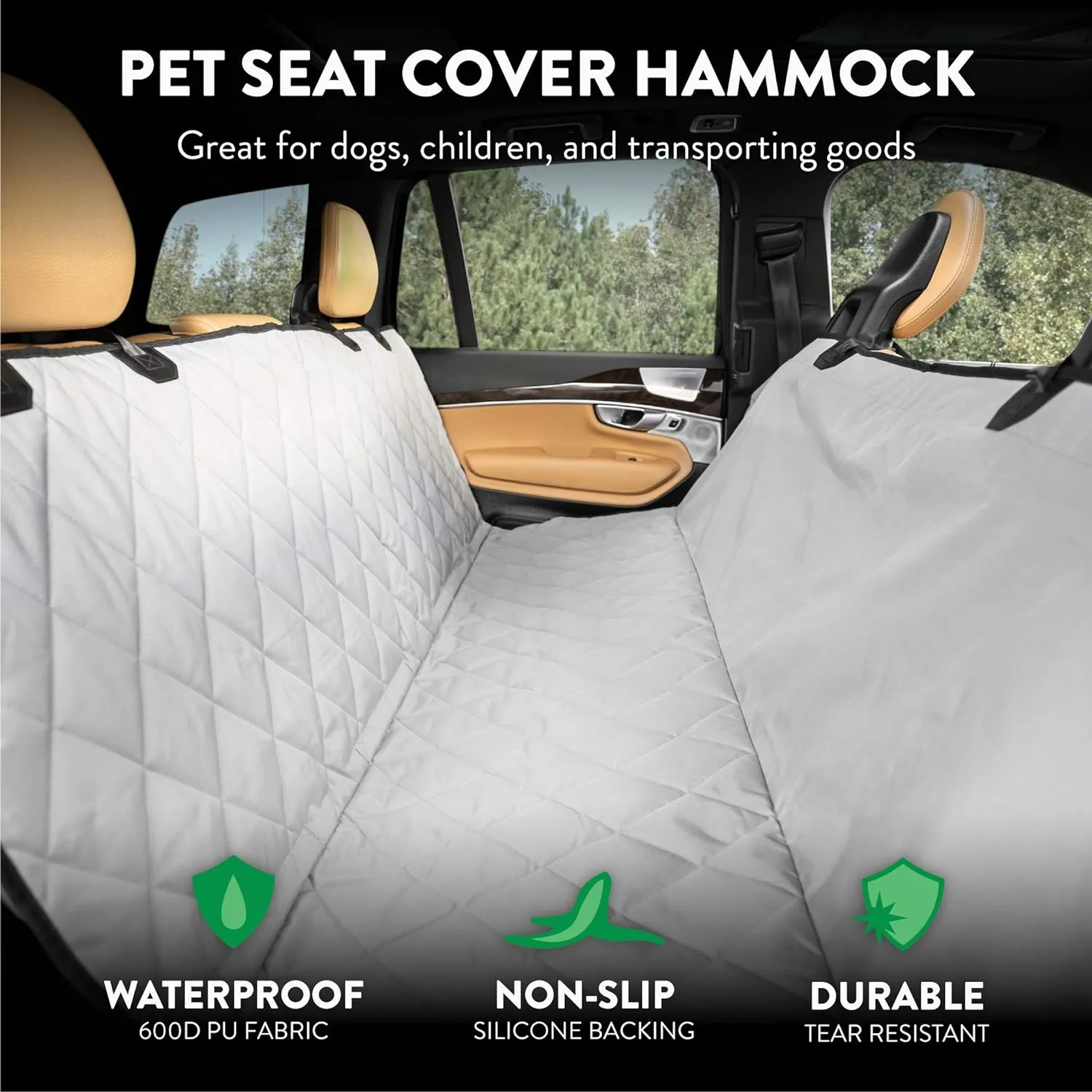 Plush Paws Products Premium Rear Car Seat Protector w/Hammock | Washable & Waterproof Back Seat Dog Cover for Car, Truck, & SUV | Nonslip, Tear Resistant Pet Seat Cover | Regular Grey