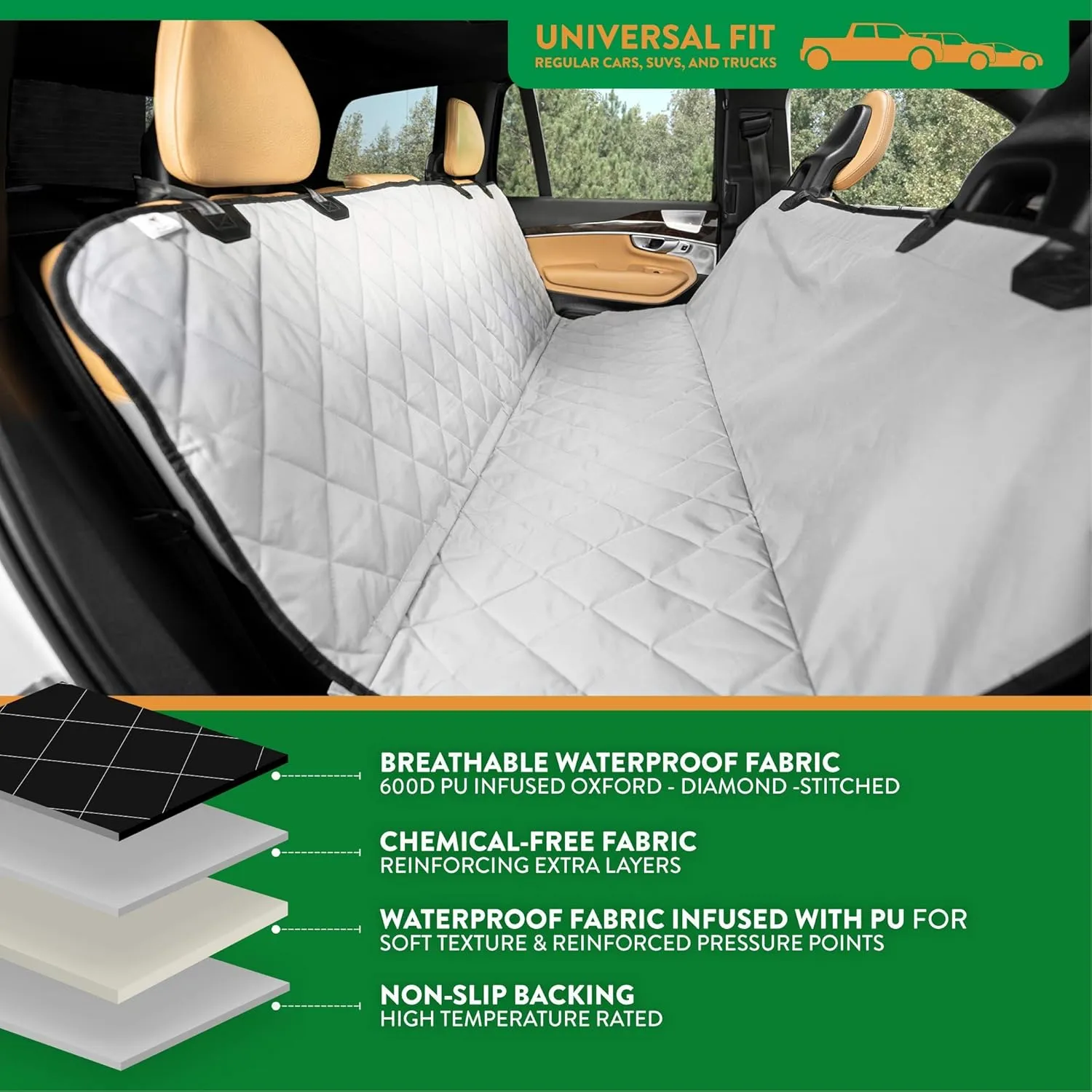 Plush Paws Products Premium Rear Car Seat Protector w/Hammock | Washable & Waterproof Back Seat Dog Cover for Car, Truck, & SUV | Nonslip, Tear Resistant Pet Seat Cover | Regular Grey
