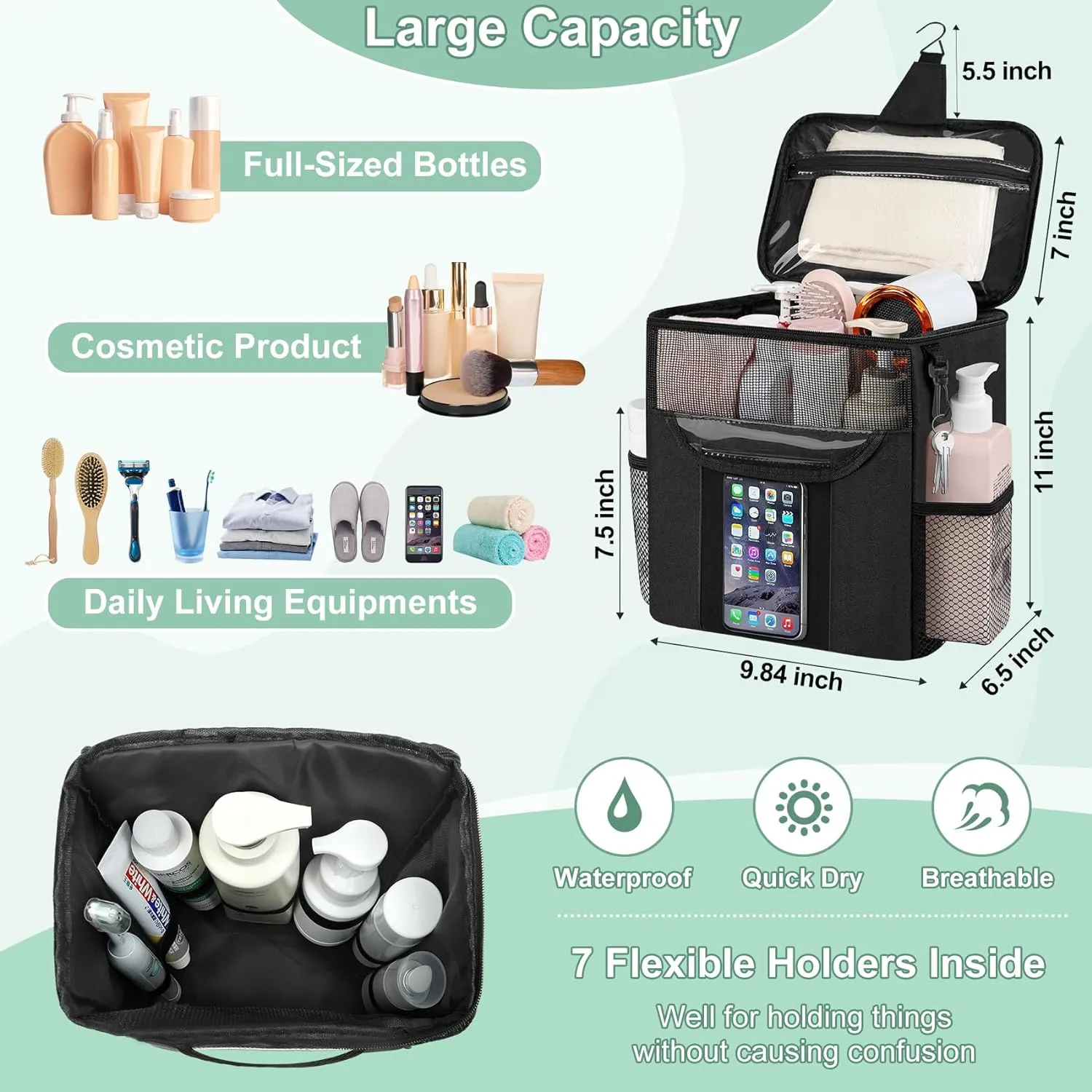 Portable Shower Caddy for Dorm Room Essentials, Foldable Mesh Shower Bag for College, Large Capacity Toiletry Bag Tote Bag Shower Caddy Portable for Student Boy Girl Bath Essentials (Black)