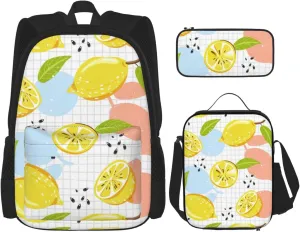 Premium Fruits Lemon Print 3-in-1 Backpack Set with Lunch Bag & Pencil Case Portable Bag Set
