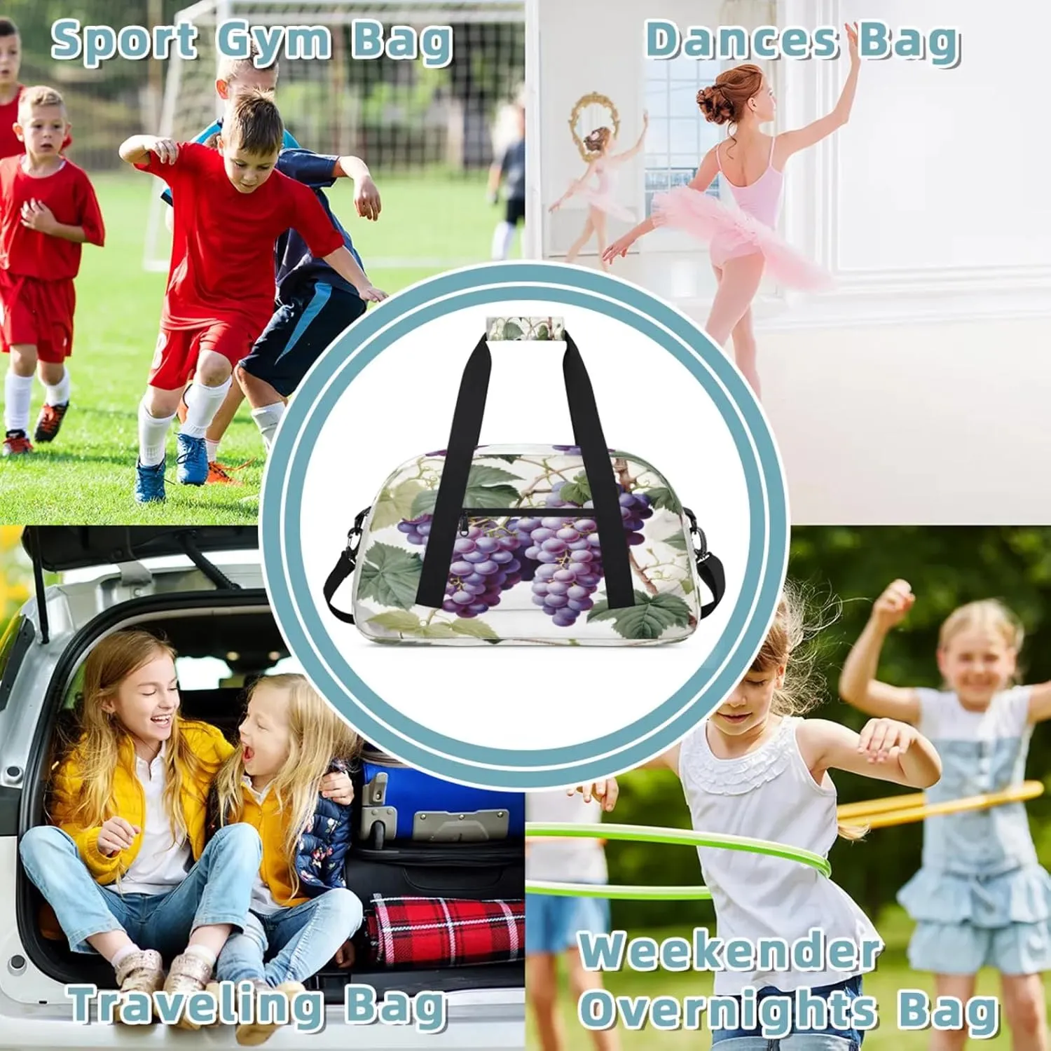 Purple Fruit Grape Small Gym Bag 18 inch Carry On Duffel Bag for Weekender Travel Sports Workout Yoga Gymnastics Dance Ballet