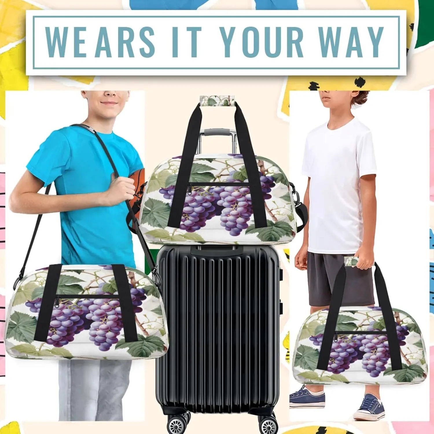 Purple Fruit Grape Small Gym Bag 18 inch Carry On Duffel Bag for Weekender Travel Sports Workout Yoga Gymnastics Dance Ballet