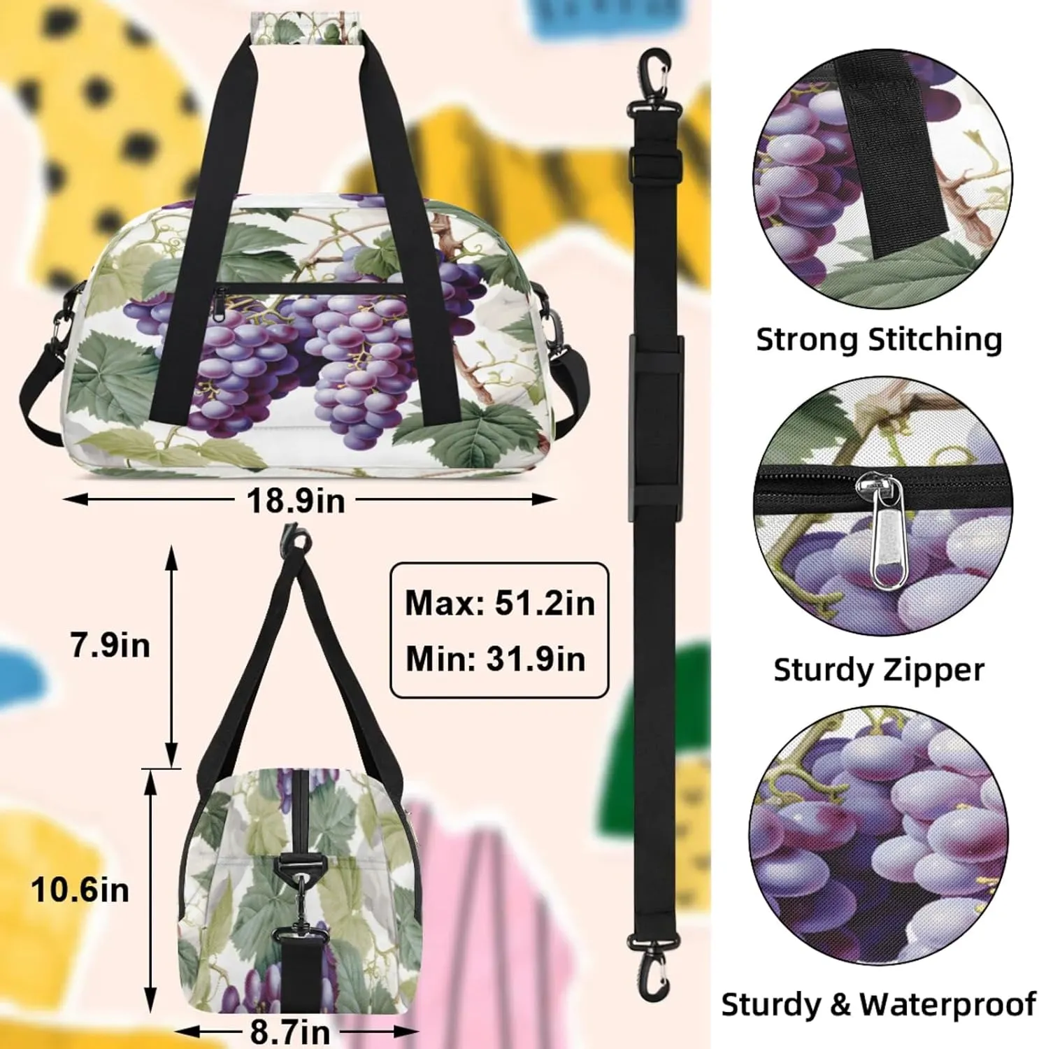 Purple Fruit Grape Small Gym Bag 18 inch Carry On Duffel Bag for Weekender Travel Sports Workout Yoga Gymnastics Dance Ballet