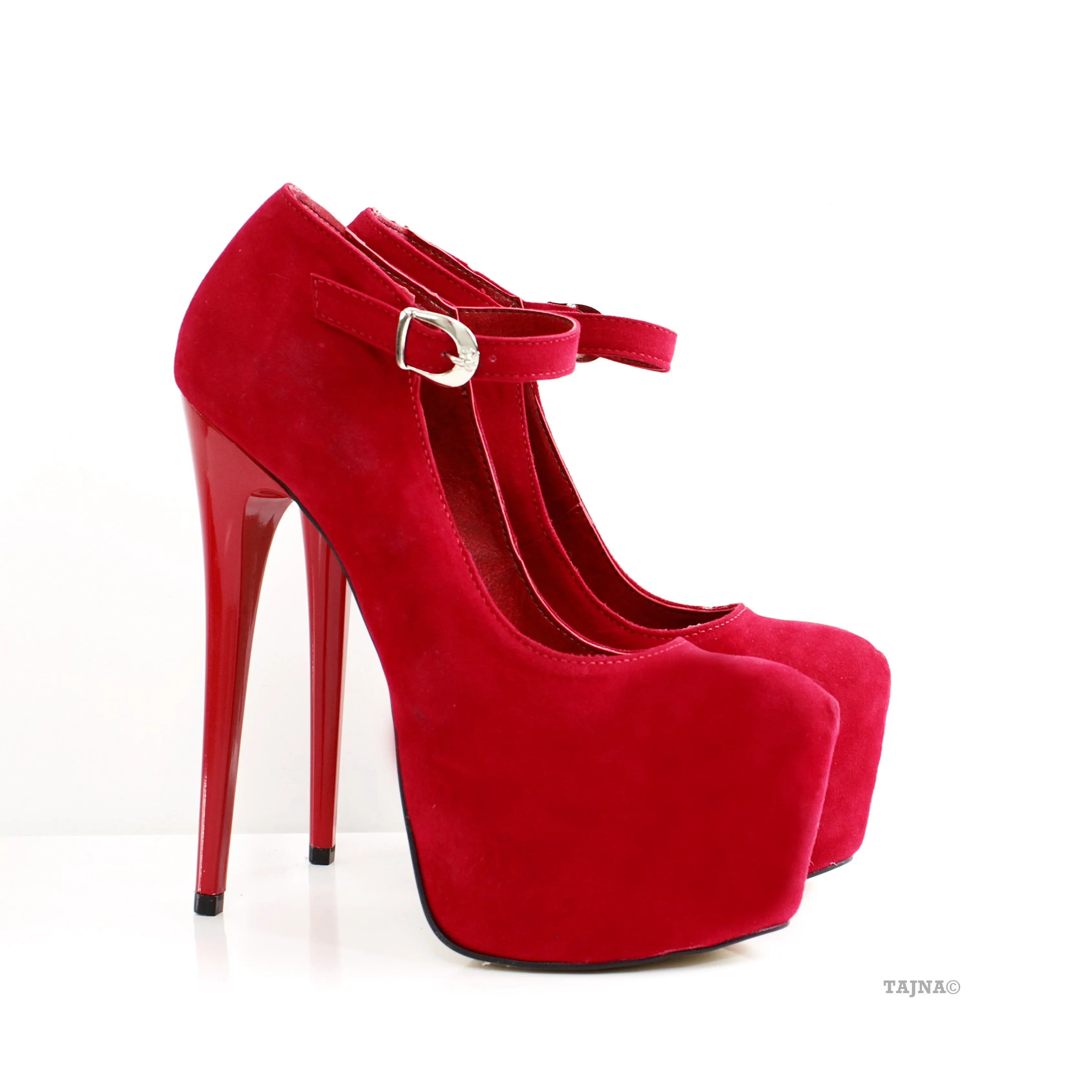 Red Suede Strap Pencil Heels