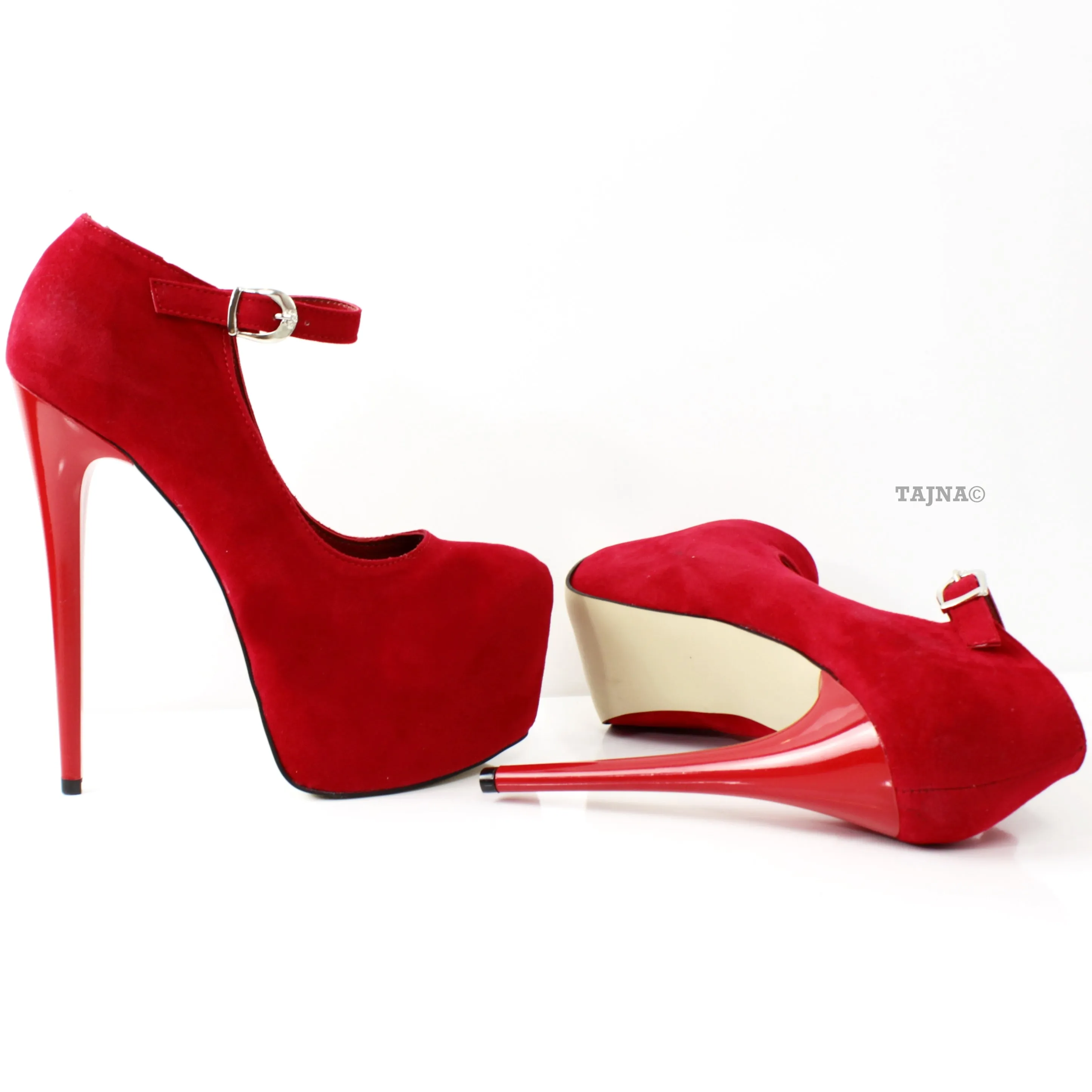 Red Suede Strap Pencil Heels