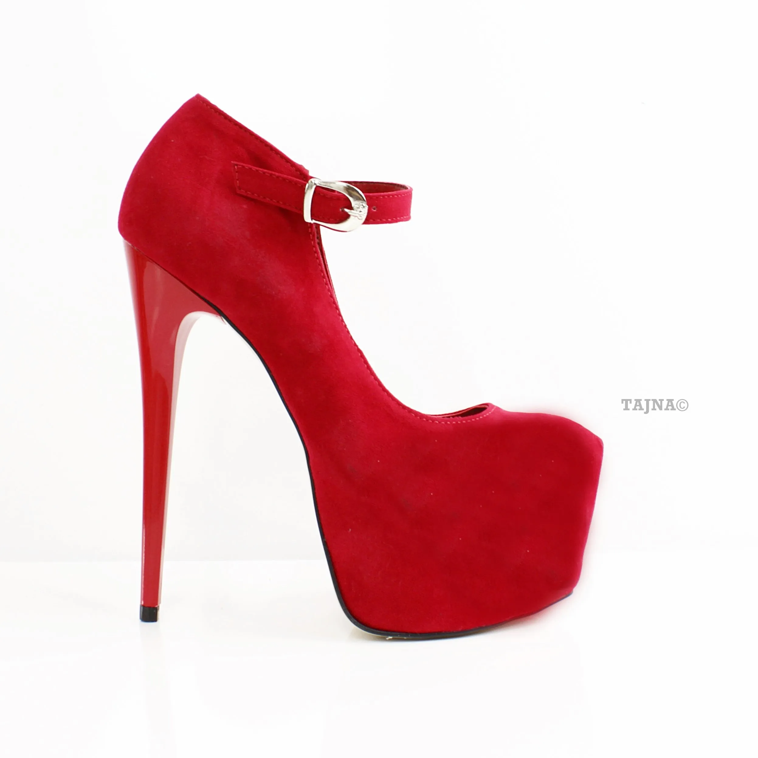 Red Suede Strap Pencil Heels