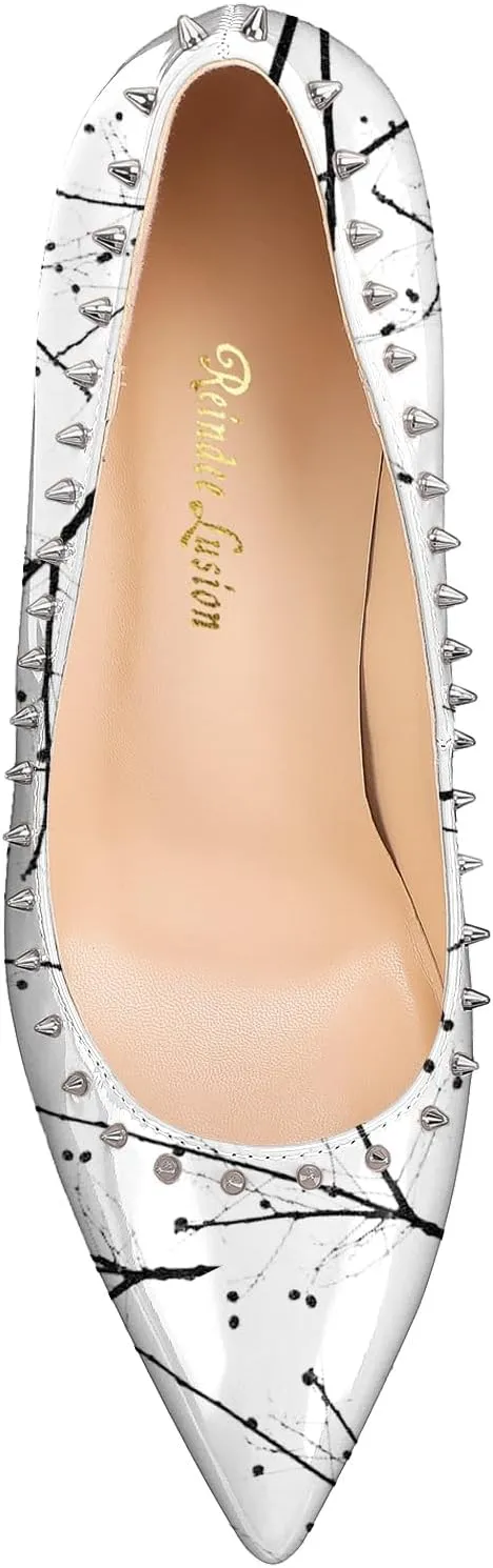 Reindee Lusion Womens 4 Inches High Stiletto Heels Pumps Rivets Closed Toe Sexy Shoes