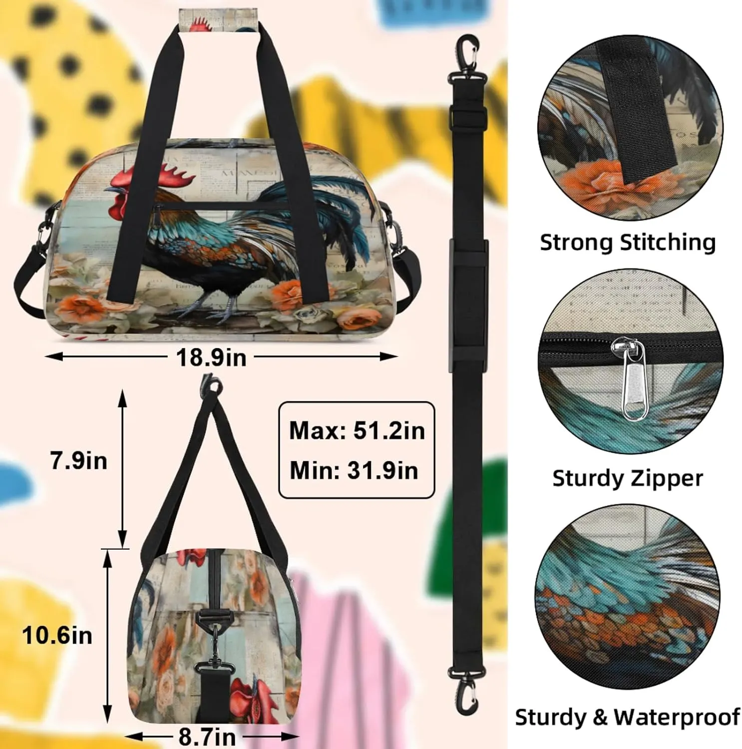 Retro Cock Small Gym Bag 18 inch Carry On Duffel Bag for Weekender Travel Sports Workout Yoga Gymnastics Dance Ballet