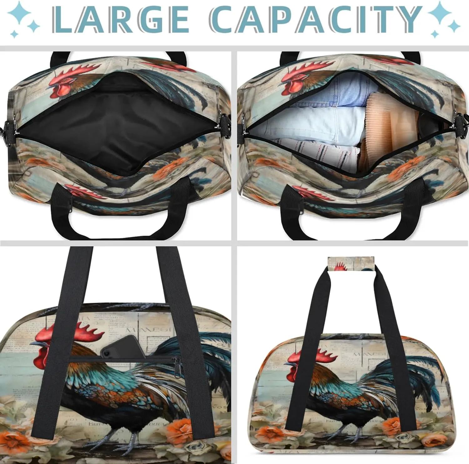 Retro Cock Small Gym Bag 18 inch Carry On Duffel Bag for Weekender Travel Sports Workout Yoga Gymnastics Dance Ballet