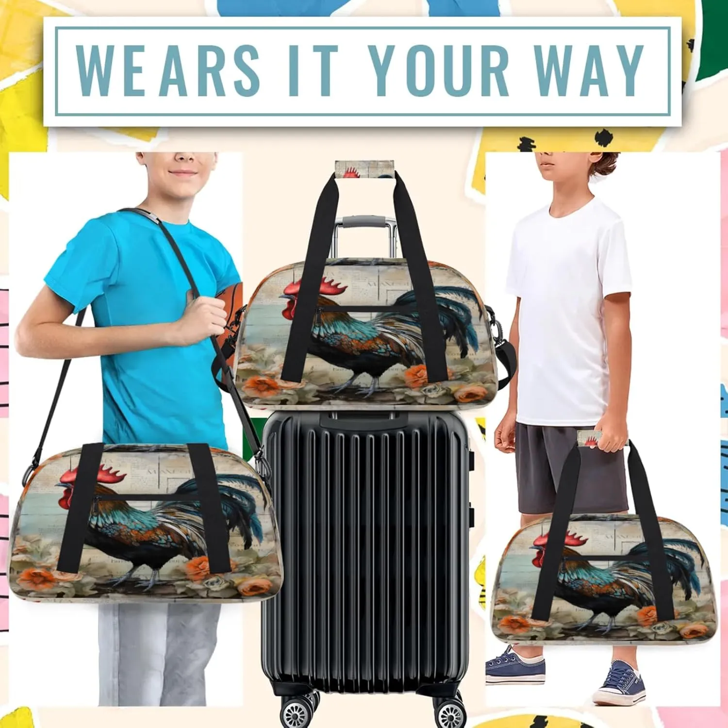 Retro Cock Small Gym Bag 18 inch Carry On Duffel Bag for Weekender Travel Sports Workout Yoga Gymnastics Dance Ballet